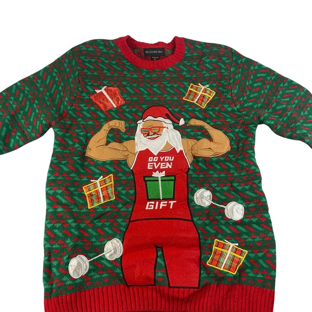Blizzard Bay Mens Ugly Christmas Sweater Santa Flexing Muscle Workout Gym Size M